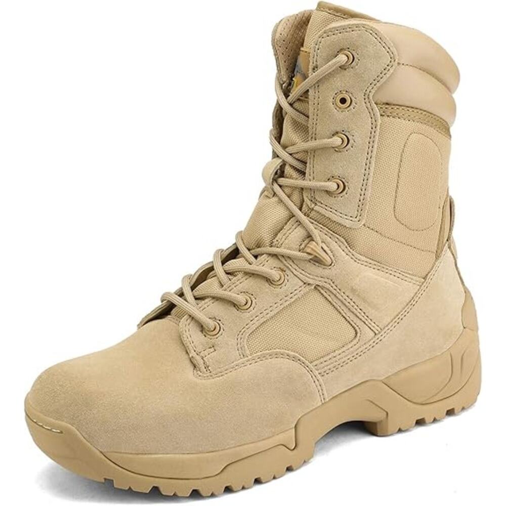 NORTIV 8 Mens Military Tactical Work Boots Hiking Side Zip Leather, Sand, 12